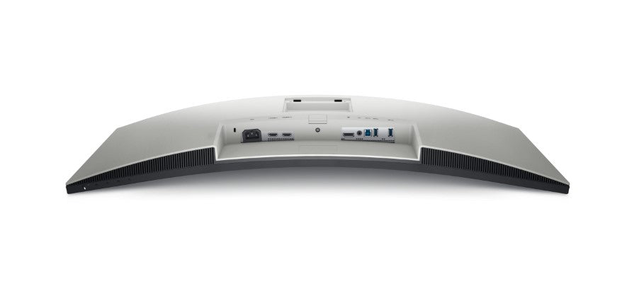 The Dell S3422DW is laid with the screen face down which shows the curvature of the screen. On the Lower left hand edge there is a power button and four buttons for the monitor menu. Below the stand slot the ports from left to right are; Kettle Lead slot, HDMI, HDMI, Display port, audio line out, USB 3.0 upstream, USB 3.0 Downstream and USB 3.0 with 1.2 BC charging.