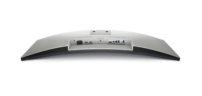 The Dell S3422DW is laid with the screen face down which shows the curvature of the screen. On the Lower left hand edge there is a power button and four buttons for the monitor menu. Below the stand slot the ports from left to right are; Kettle Lead slot, HDMI, HDMI, Display port, audio line out, USB 3.0 upstream, USB 3.0 Downstream and USB 3.0 with 1.2 BC charging.