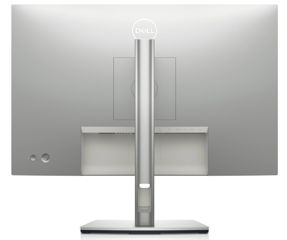 Back of the Dell Ultrasharp U2421E 24 inch USB-C hub monitor. The back plastics are in a platinum silver colour. The stand is a slim profile stand with cable management in platinum silver colour. There is a power button and a joystick on the lower left hand corner.