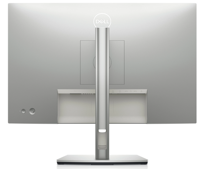 Back of the Dell Ultrasharp U2421E 24 inch USB-C hub monitor. The back plastics are in a platinum silver colour. The stand is a slim profile stand with cable management in platinum silver colour. There is a power button and a joystick on the lower left hand corner.