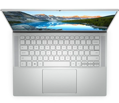 Top View of Dell Inspiron 7400 series - A platinum silver laptop with 14 Inch screen and native 2560 x 1600 Resolution. Featuring Windows 11 and an 11th gen intel processor. Connect easily via USB-C (Thunderbolt), USB 3.2and HDMI. 7400i716GB1TB