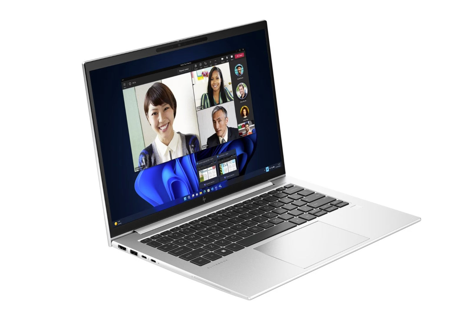 Front of the HP Elitebook 840 G10 Laptop in silver with Black keyboard.