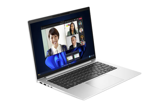 Front of the HP Elitebook 840 G10 Laptop in silver with Black keyboard.