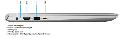 Left Ports of Dell Inspiron 7400 series - A platinum silver laptop with 14 Inch screen and native 2560 x 1600 Resolution. Featuring Windows 11 and an 11th gen intel processor. Connect easily via USB-C (Thunderbolt), USB 3.2and HDMI.