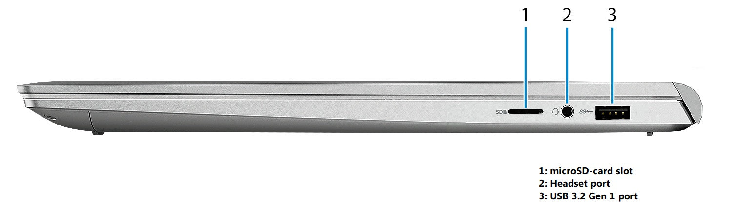 Right ports of Dell Inspiron 7400 series - A platinum silver laptop with 14 Inch screen and native 2560 x 1600 Resolution. Featuring Windows 11 and an 11th gen intel processor. Connect easily via USB-C (Thunderbolt), USB 3.2and HDMI.