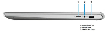 Right ports of Dell Inspiron 7400 series - A platinum silver laptop with 14 Inch screen and native 2560 x 1600 Resolution. Featuring Windows 11 and an 11th gen intel processor. Connect easily via USB-C (Thunderbolt), USB 3.2and HDMI.